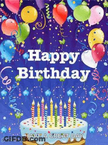 A Birthday Card With Balloons And Candles And The Words Happy Birthday Have A Great Day GIF