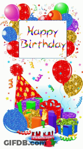 A Birthday Card With Balloons Gifts And A Cake GIF