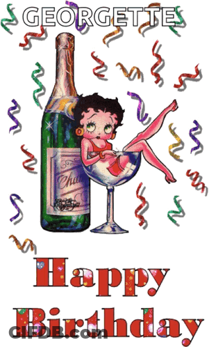 A Birthday Card With Betty Boop Sitting In A Glass Of Champagne GIF