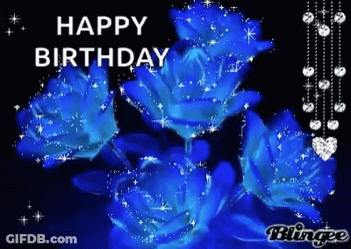 A Birthday Card With Blue Roses And The Words Happy Birthday On It GIF