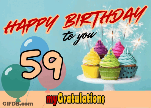 A Birthday Card With Cupcakes And Balloons And The Number 59 GIF