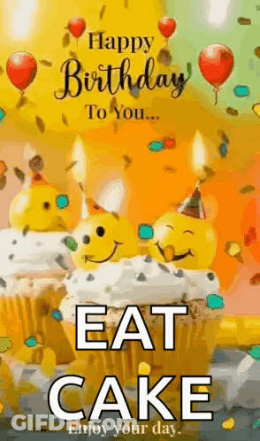 Birthday Card With Cupcakes Candles And Eat Cake GIF