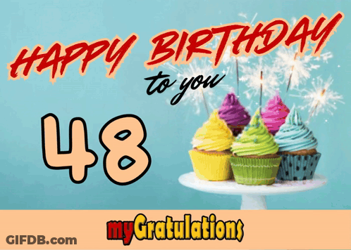 A Birthday Card With Cupcakes And Sparklers And The Number 48 GIF