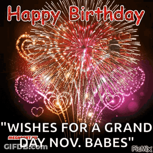 A Birthday Card With Fireworks And The Words " Wishes For A Grand Day Nov. Babes " GIF