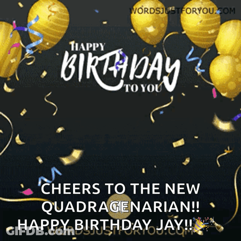 A Birthday Card With Gold Balloons And Confetti GIF