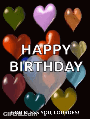 A Birthday Card With Hearts And The Words " Happy Birthday " GIF