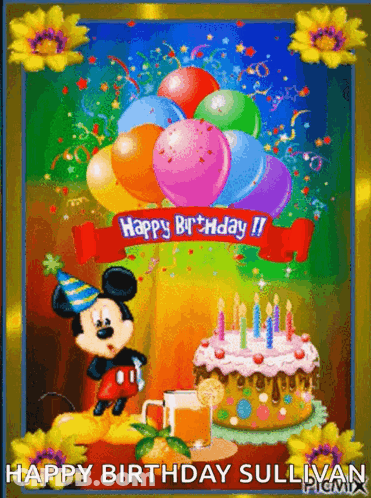 A Birthday Card With Mickey Mouse And A Cake GIF