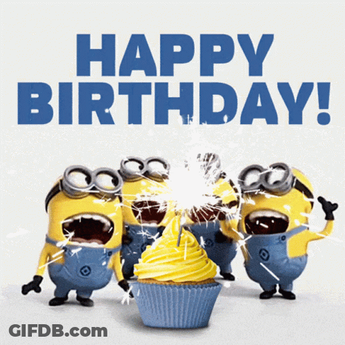 A Birthday Card With Minions And A Cupcake And The Words Happy Birthday GIF