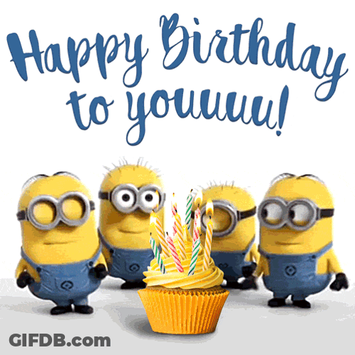 A Birthday Card With Minions And A Cupcake With Candles That Says Happy Birthday To Youuuu GIF