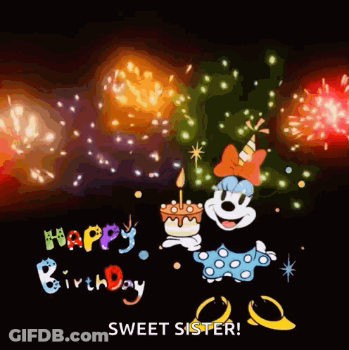 A Birthday Card With Minnie Mouse Holding A Cake And A Candle With Fireworks In The Background GIF