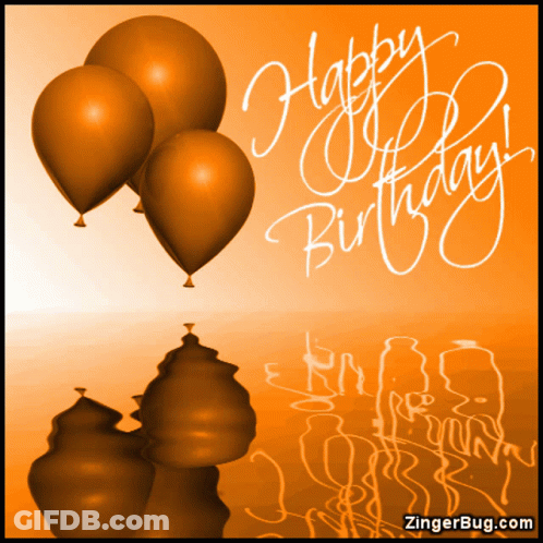 A Birthday Card With Orange Balloons And The Words Happy Birthday On It GIF