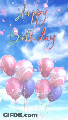 A Birthday Card With Pink And Purple Balloons And The Words " Happy Birthday " GIF