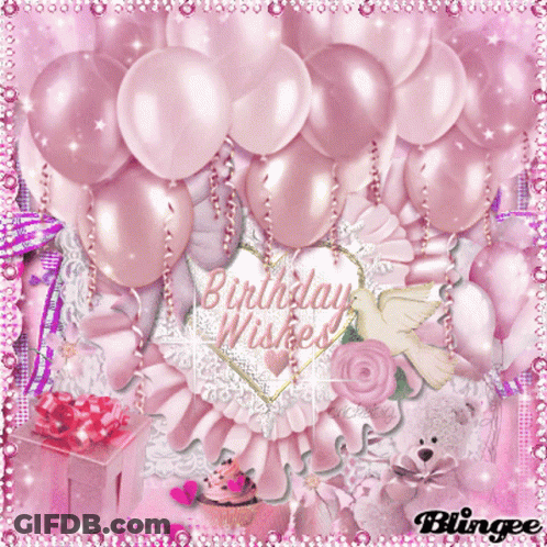 A Birthday Card With Pink Balloons And A Heart That Says " Birthday Wishes " GIF