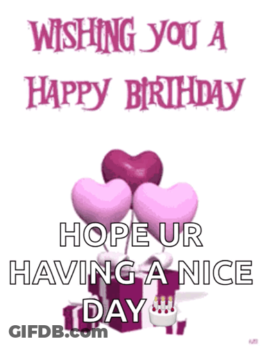 A Birthday Card With Pink Hearts And A Cake GIF