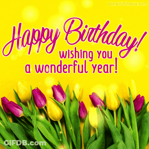 A Birthday Card With Purple And Yellow Flowers And The Words Happy Birthday Wishing You A Wonderful Year GIF