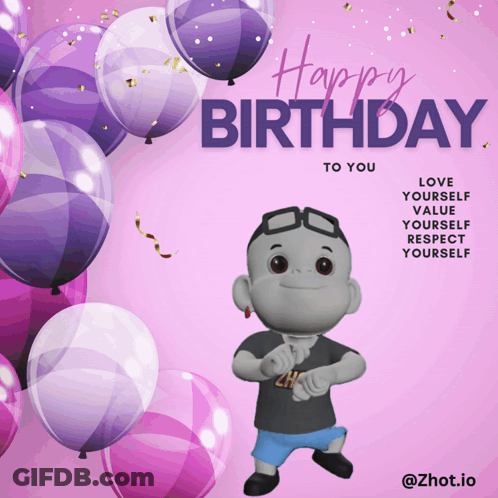 A Birthday Card With Purple Balloons And A Cartoon Character GIF