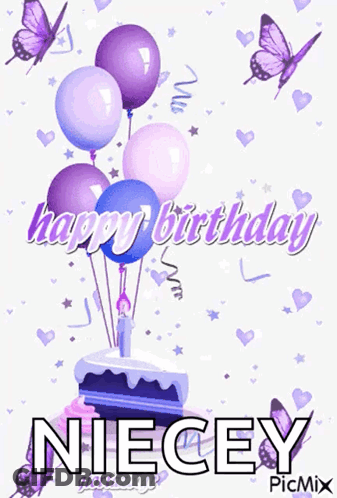 A Birthday Card With Purple Balloons And Butterflies And The Name Niecey GIF