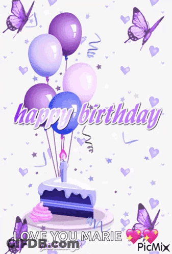 A Birthday Card With Purple Butterflies And Balloons Says Happy Birthday Love You Marie GIF