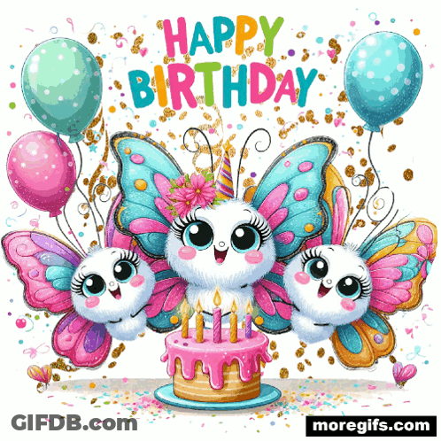 A Birthday Card With Three Butterflies And A Cake GIF