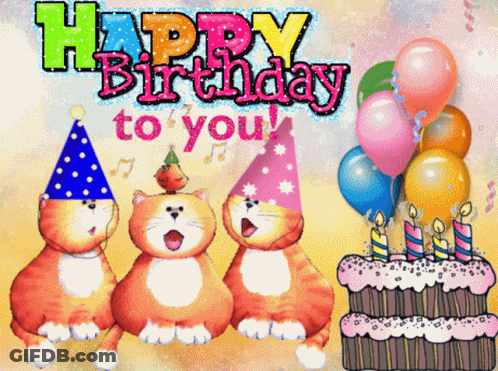 A Birthday Card With Three Cats And A Cake GIF