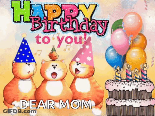 A Birthday Card With Three Cats Wearing Party Hats And A Birthday Cake GIF