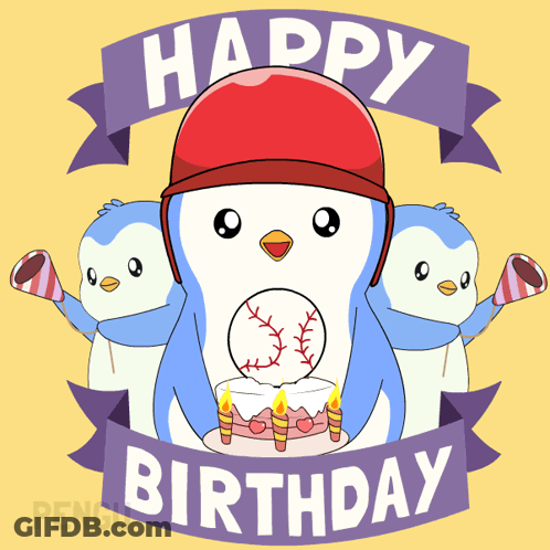 A Birthday Card With Three Penguins And A Baseball On A Cake GIF