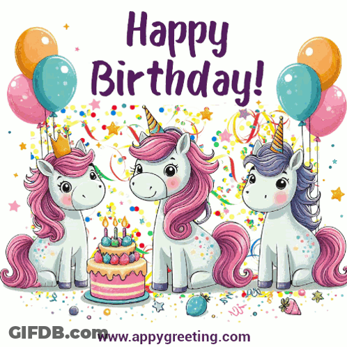 A Birthday Card With Three Unicorns And A Cake And The Words Happy Birthday GIF