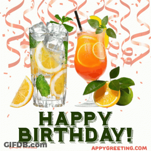 A Birthday Card With Two Drinks And The Words Happy Birthday On The Bottom GIF