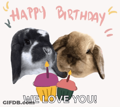 A Birthday Card With Two Rabbits Holding Cupcakes And The Words Happy Birthday We Love You GIF