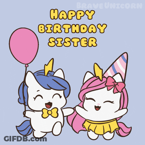 A Birthday Card With Two Unicorns Holding Hands And The Words Happy Birthday Sister GIF
