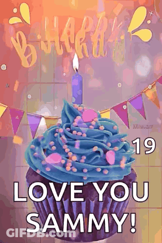 A Birthday Cupcake With Blue Frosting And A Candle On It . GIF
