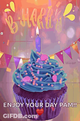 A Birthday Cupcake With Blue Frosting And A Candle On It GIF