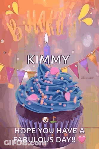 A Birthday Cupcake With Blue Frosting And A Candle On Top GIF