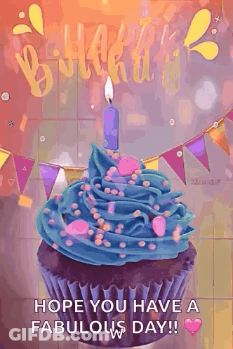 A Birthday Cupcake With Blue Frosting And A Candle On Top Of It . GIF