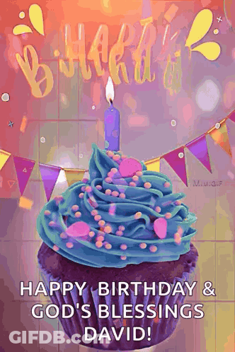 A Birthday Cupcake With Blue Frosting And A Candle On Top . GIF