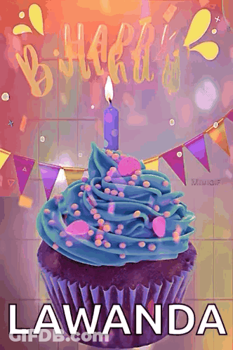 A Birthday Cupcake With Blue Frosting And Sprinkles And The Name Lawanda GIF