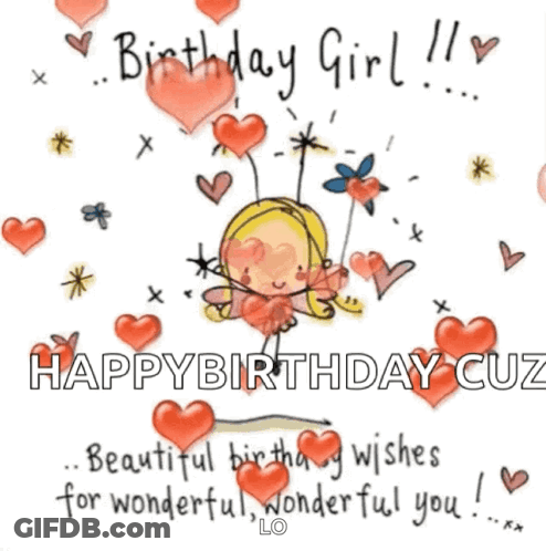 A Birthday Girl Is Surrounded By Hearts And Flowers On A Card . GIF