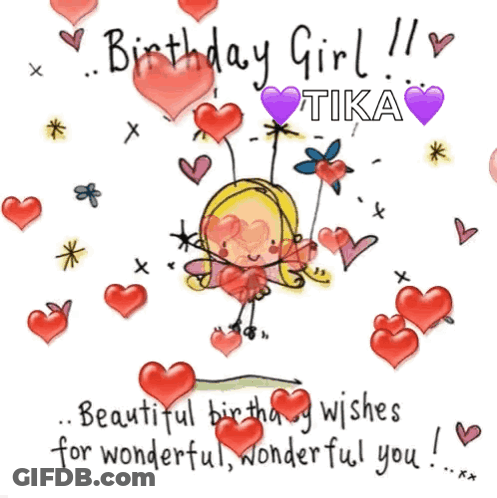 A Birthday Girl Tika Greeting Card With A Fairy Surrounded By Hearts GIF