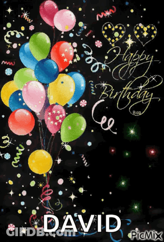A Birthday Greeting For David With Balloons And Confetti GIF