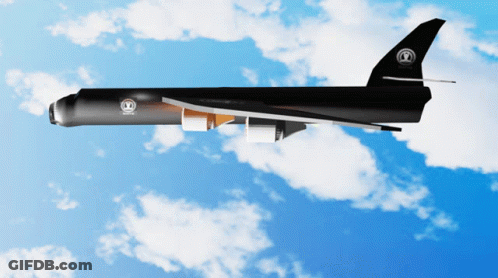 A Black Airplane Is Flying In A Blue Sky With A White Circle On The Tail GIF