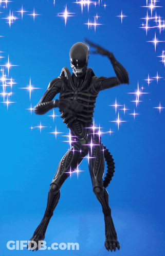 A Black Alien Is Holding A Purple Object In His Hands GIF
