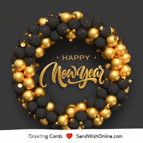 A Black And Gold Wreath With The Words Happy New Year Written In Gold GIF