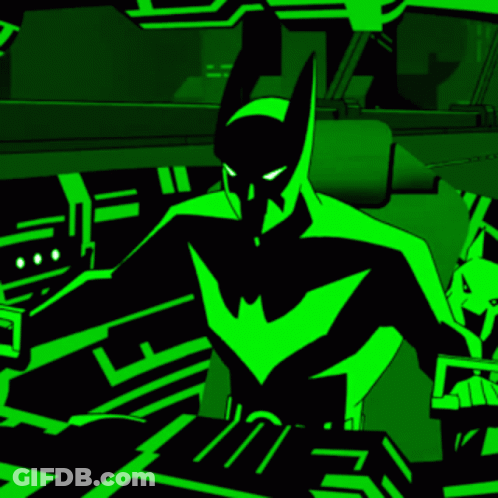 A Black And Green Cartoon Of Batman In A Dark Room GIF