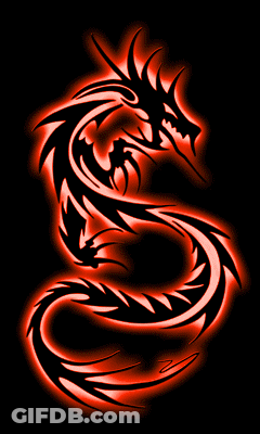 A Black And Orange Tribal Dragon On A Dark Background GIF