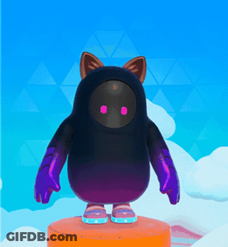 A Black And Purple Cartoon Character With Pink Eyes Is Standing On An Orange Block GIF