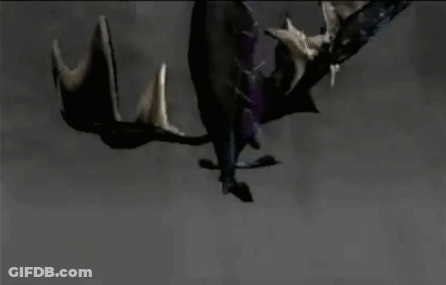 A Black And Purple Dragon Is Flying Through The Air In A Dark Room . GIF