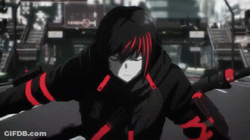 A Black And Red Anime Character Is Holding A Sword And Walking Down A Street . GIF