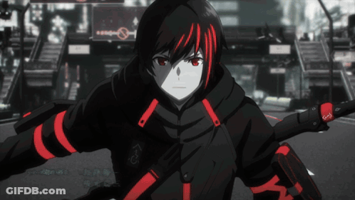 A Black And Red Anime Character With The Letter M On His Arm GIF