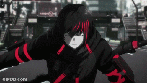 A Black And Red Anime Character With The Letter X On His Arm Is Holding A Sword GIF