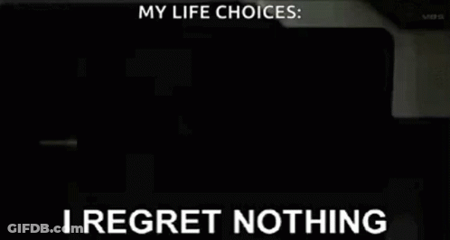 A Black And White Anime Character Is Smiling And Says `` I Regret Nothing '' . GIF